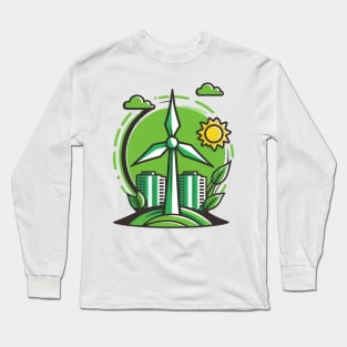 Green City Vibes: Get Powered by Renewables with our Cartoon Wind Turbine Design Long Sleeve T-Shirt